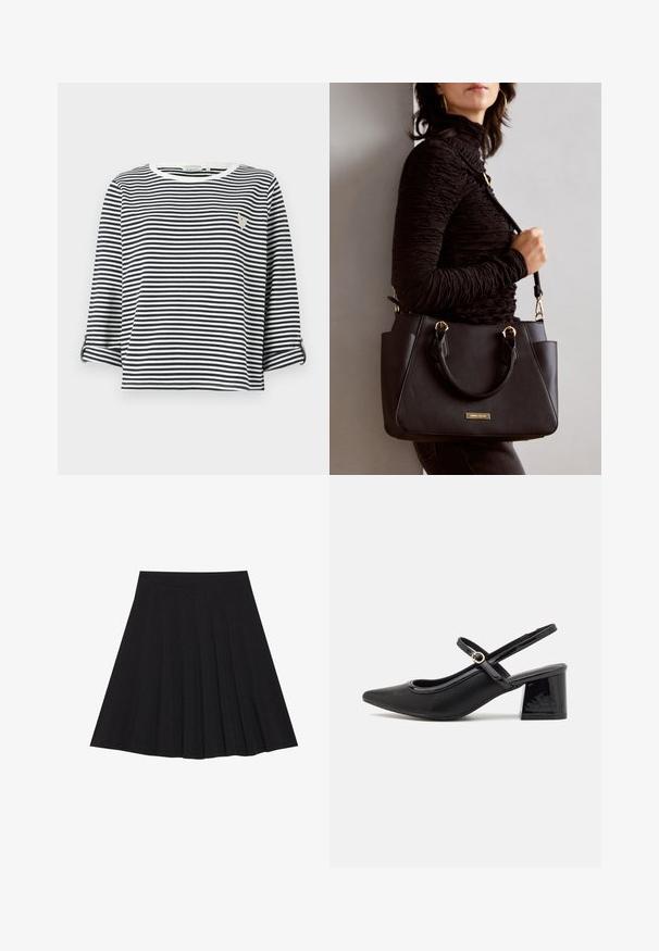 Pruhovaná košile s krátkým rukávem, která má námořnické a bílé svislé pruhy, kulatý výstřih a malé vyšívané logo na prsou.; Černá plisovaná sukně vyrobená z texturované látky s dobře padnoucím pasem. Délka sukně je ke kolenům a má hladký, jednoduchý siluetu.; Černé lakované lodičky s otevřenou patou, špičatou špičkou, zaobleným střihem a blokovým podpatkem. Zdobené akcentem v zlatém tónu.; Černá kabelka s texturovaným povrchem, dvojitými horními uchy a nastavitelným ramenním popruhem. Obsahuje zlaté kovové prvky a boční kapsy.
