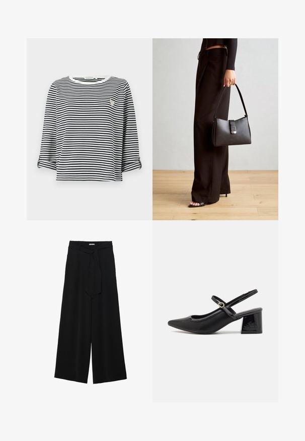 Ribade lühikeste varrukatega särk, millel on sinised ja valged vertikaalsed triibud, ümmargune kaelus ja rindkerel väike broderi logos.; Mustad laiad püksid, millel on tekstureeritud kangas, elastne vöökoht ja eemaldatav pael vööst, et reguleerida sobivust.; Mustad läikivad nahast slingback-kõrged kontsad, millel on terav nina, ümar lõikekujundus ja blokknina. Omab kuldset nupu aktsenti.; Must musta kott, millel on struktureeritud kuju, sile tekstuur ja metallist klamber. Kombineeritud laiate mustade pükstega ja avatud varvaste sandaalidega puidust põrandal.