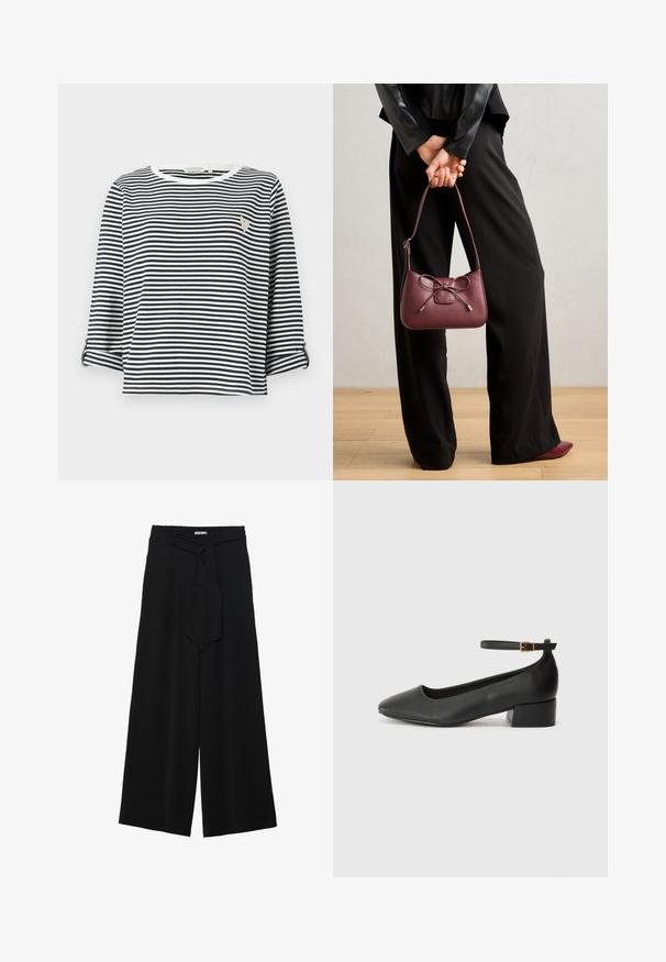 Ribade lühikeste varrukatega särk, millel on sinised ja valged vertikaalsed triibud, ümmargune kaelus ja rindkerel väike broderi logos.; Mustad laiad püksid, millel on tekstureeritud kangas, elastne vöökoht ja eemaldatav pael vööst, et reguleerida sobivust.; Must mustaapp, millel on terav nina ja madal blokk-kand. Omab pahkluu rihma koos kuldse tooni pandlaga. Sile tekstuur.; Burgundi nahkakäekott, millel on lipsu detail, õhuke randmehaare ja kullatoonilised metallosad, hoiab inimene, kes kannab musti pükse.