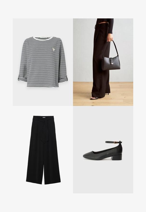 Rūpīgi izstrādāta īsām piedurknēm krekls ar zilu un baltu vertikālu svītrojumu, apaļu kakla izgriezumu un mazu izšūtu logotipu uz krūts.; Melni platleņķa bikses ar teksturētu audumu, elastīgu jostu un noņemamu siksnu viduklī, kas nodrošina regulējamu piegulšanu.; Melnas ādas sūkņi ar smailu purngalu un zemu bloku papēdi. Iezīmēts ar potītes siksniņu ar zelta krāsas sprādzi. Gluda tekstūra.; Melnā somiņa ar strukturētu formu, gludu tekstūru un metālu sprādzi. Saskaņota ar platām melnām biksēm un sandālēm ar atvērtu purngalu uz koka grīdas.