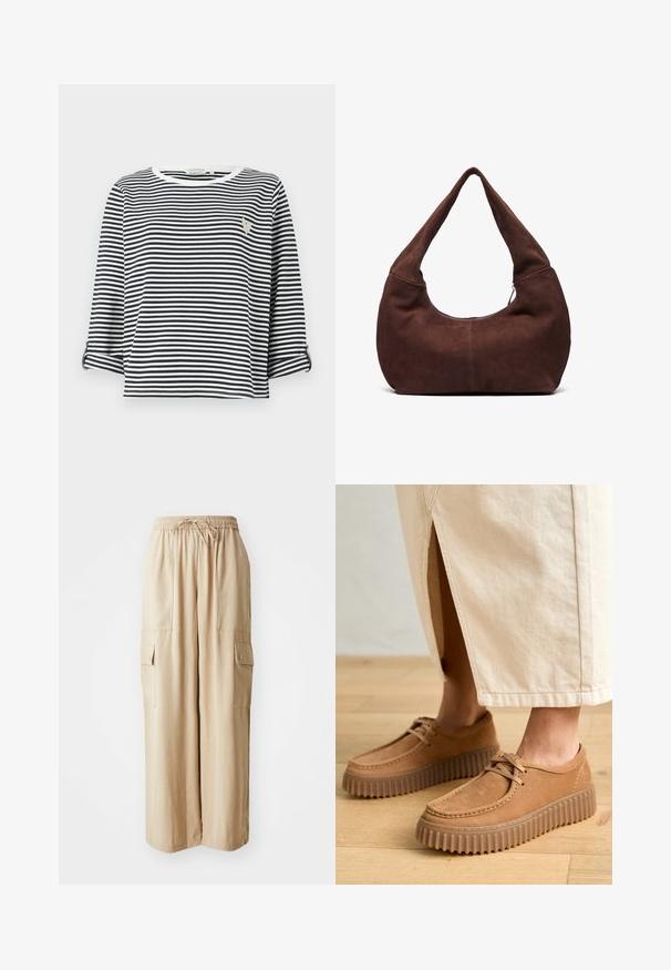 Striped short-sleeve shirt featuring navy and white vertical stripes, round neckline, and a small embroidered logo on the chest.; Beige wide-leg cargo pants made from a lightweight fabric. Features an elastic waistband, drawstring, and side pockets with flaps.; Tan leather shoes with a textured surface, round toe, and thick, ridged soles. Laces and stitching detail enhance the design.; Brown suede hobo bag with a curved, wide handle and a large opening. Soft texture with visible stitching detailing along the edges.