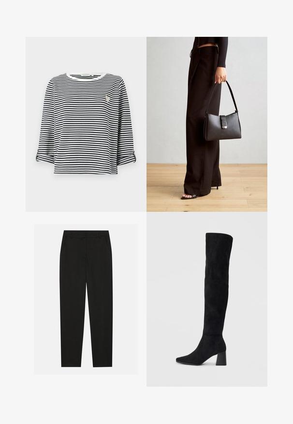 Camicia a maniche corte a righe verticali blu navy e bianche, con scollatura tonda e un piccolo logo ricamato sul petto.; Pantaloni neri dal design sartoriale, con tasche laterali e gamba dritta. Realizzati in tessuto liscio e leggero con una finitura elegante.; Stivale in suede nero alto fino al ginocchio con tacco a blocco, punta affusolata e design liscio e senza cuciture su uno sfondo chiaro e semplice.; Borsa nera con forma strutturata, texture liscia e una chiusura metallica. Abbinata a pantaloni neri larghi e sandali open-toe su un pavimento in legno.