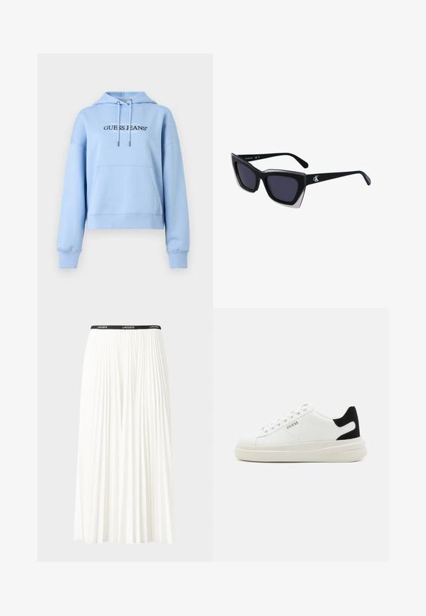 Ljusblå hoodie i bomull, med en framficka, dragsko i huvan och tryckt varumärkeslogotyp. Avslappnad passform och ribbade manschetter.; Fälld vit kjol med svart elastiskt midjeband som har "LACOSTE"-logotypen. Mittenlång design med mjuk textur.; Vita lädersneakers med en tjock vit sula, svartsuede hälaccent och präglad logotyp på sidan. Snörningsdesign med sex öglor.; Svart överdimensionerade solglasögon med geometrisk form, med mörka linser och en kontrasterande grå detalj på ramen. Logotyp på bygeln.