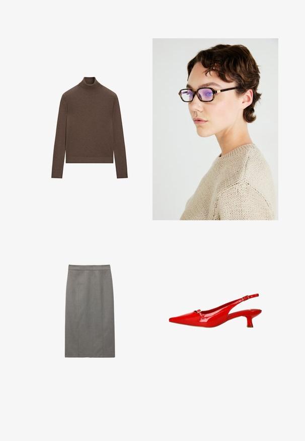 Bruine coltrui van zacht breisel. Heeft een aansluitende silhoeët, lange mouwen en een geribde kraag en zoom.; Grijze kokerrok met een rechte silhouet, tailleurnaden en een gladde textuur. Het ontwerp heeft een hoge tailleband voor een comfortabele pasvorm.; Rode gelakte leren slingback schoenen met een spitse neus, een klein gespdetail en een korte kittenheel. Glad, glanzend oppervlak overal.; Schildpad motief rechthoekige bril met paarse lenzen; dun, elegant montuur; gouden hardware detail op de poot; geweven beige trui.; Bruine suède schoudertas met twee schouderbanden, gouden hardwareaccenten en verstelbare zijstrikjes. Heerlijk in gebruik dankzij de ritsafsluiting en de gladde textuur.; Gouden rechthoekige horloge met een zwarte gestructureerde wijzerplaat, met dunne wijzers en een bijpassende gouden schakelarmband. Merkl logo op de wijzerplaat.