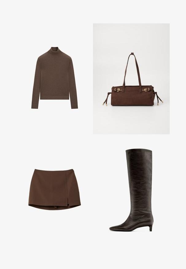 Hnědý rolák z měkké pleteniny. Má přiléhavý střih, dlouhé rukávy a žebrovaný límec a lem.; Hnědá minisukně z hladké látky, s předním rozparkem, čistými liniemi a strukturovaným střihem. Bez kapes a výrazných kovových doplňků.; Černé kožené kozačky až ke kolenům s špičatou špičkou a nízkým, zúženým podpatkem. Hladký povrch s jemným efektivním vrásněním.; Hnědá semišová taška přes rameno se dvěma ramenními popruhy, zlatými kovovými detaily a nastavitelnými bočními stahovacími šňůrkami. Obsahuje zipové uzavření a hladký povrch.