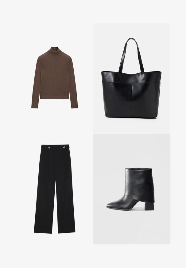 Brown turtleneck sweater made from soft knit fabric. Features a fitted silhouette, long sleeves, and ribbed collar and hem.; Black wide-leg trousers with high waist, button details on waistband, and front pleats.; Black leather ankle boot with a pointed toe, smooth texture, and a structured block heel. Features a high, folded cuff design.; Black leather tote bag with two long handles, a smooth texture, and a structured shape. Features a front pocket for additional storage.