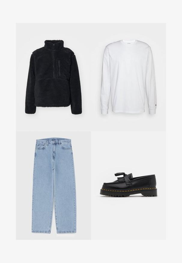 Svart genser laget av myk, teksturert fleece. Har høy krage, delvis glidelås og en glidelåslomme på brystet.; Hvit langermet T-skjorte laget av bomull. Rund hals-design med ribbestrikkede mansjetter og en liten logo på venstre erme. Glatt tekstur.; Lyseblå denimjeans med rett ben-design, med mid-rise liv, fem lommer og knap og lynlås lukning.; Svart skinn loafers med en kvastdetalj, med en tjock svart sula och gul sömnad längs kanten. Texturerad yta.