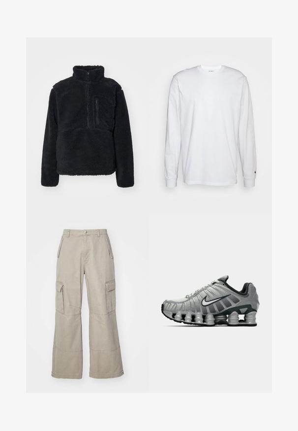 Czarny pulower wykonany z miękkiego, teksturowanego polaru. Posiada wysoki kołnierz, częściowy zamek błyskawiczny oraz kieszeń na piersi zapinaną na zamek.; Biała, długospełna koszulka wykonana z bawełny. Klasyczny krój z okrągłym dekoltem, ściągaczami na rękawach oraz małym logiem na lewym rękawie. Gładka tekstura.; Beżowe spodnie cargo wykonane z mieszanki bawełny, z szerokimi nogawkami, wieloma bocznymi kieszeniami i subtelnymi detalami przeszycia.; Szare i czarne buty biegowe Nike z widocznym, sprężystym tłumieniem pod podeszwą oraz białym logo swoosh po boku.