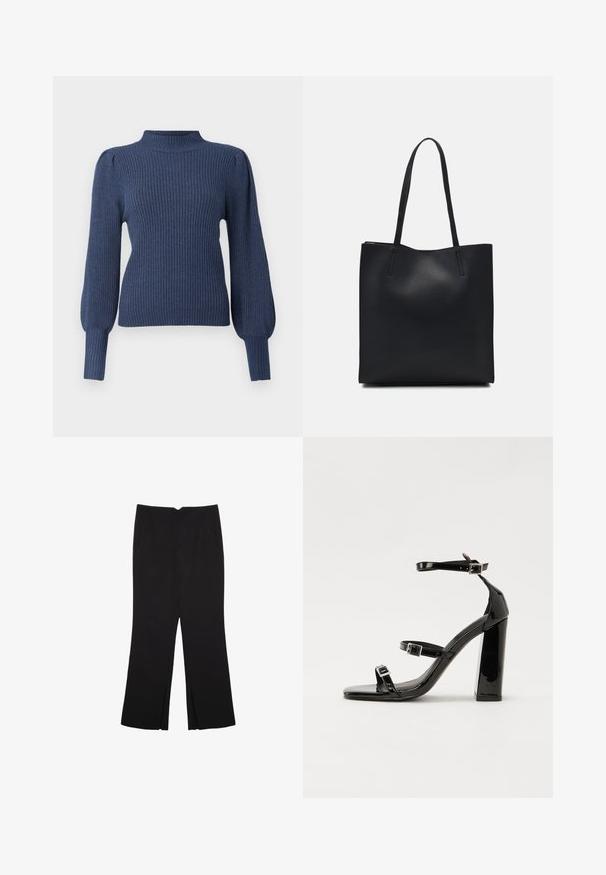 Laivastonsininen ribbineulepaita, jossa on korkea kaula-aukko, pitkät puffi-hihat ja vartalonmyötäinen malli. Valmistettu pehmeästä, tekstuurista kankaasta.; Mustat housut suoralinjaisella leikkauksella, joissa on etutaskut ja sivurei'ät helman alla. Valmistettu pehmeästä ja sileästä kankaasta. Sopii eri tilaisuuksiin.; Musta kiiltävä korkokenkä sandaalit neliönmuotoisella varpaalla, nilkkaremmillä ja hopeisilla soljilla. Varustettu tukevalla lohkokorkealla vakauden takaamiseksi.; Mustapahkainen kangaskassi, jossa on sileä pinta, suorakaiteen muotoinen ja kaksi pitkää kahvaa. Ei näkyvää metalliosaa tai koristeita.