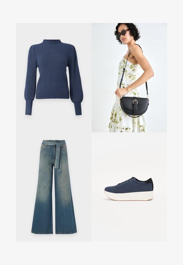 Jūras spēku zilo ribota džemperi ar augstu apkakli, garām pūkām un pieguļošu formu. Izgatavots no mīkstas, teksturētas auduma.; Platām kājām džinsu bikses ar gaismas līdz tumši zilam gradientam, augstu jostas līniju, jostas cilpām un atbilstošu auduma jostu. Tekstūrēts džinsas apdare.; Navy zilo apavi ar strukturētu auduma augšdaļu, baltu platformas zoli, noapaļotu pirkstu daļu un melnu papēža akcentu. Iekļautas sešas acs caurumi šnuķēšanai.; Melnas ādas rokassoma ar izliekta formu, noņemamu siksnu un zelta aksesuāriem. Somai ir vāciņš ar sprādzes detaļu.