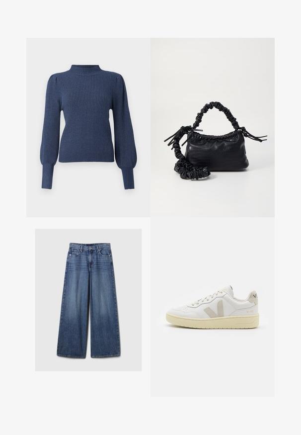 Sötétkék bordázott pulóver magas nyakkal, hosszú puffos ujjakkal és testhez simuló fazonnal. Puha, texturált anyagból készült.; Széles lábú kék farmernadrág elhalványodott felülettel, gombos és cipzáras záródással, öt zsebbel és övhurkokkal.; Fehér bőr sneaker bézs velúr részletekkel, perforált orr résszel, lapos fűzőkkel és textúrált krémszínű talppal. Finom márkajelzés található a sarkán.; Fekete műbőr kézi táska krokodil bőr textúrával, összehúzható tetejű és gyűrt pánttal. Lágy és kompakt dizájnúnak tűnik.