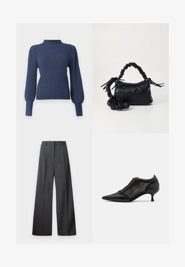 Tamsiai mėlynas raukšlėtas megztinis su aukštu kaklu, ilgomis pūstomis rankovėmis ir prigludusia siluetu. Pagamintas iš minkštos, tekstūrinės medžiagos.; Tamsiai pilkos plačios kojos kelnės, turinčios aukštą liemenį, vieną raukšlę ir sklandžią tekstūrą su tvarkingais kraštais.; Juodi bateliai su smailiu pirštu ir tinklinėmis detalėmis, turintys žemą kulną ir raištelių uždengimą. Pagaminti iš odos ir tinklinės medžiagos derinio.; Juodas dirbtinės odos rankinė su krokodilo tekstūra, sušnibždinta viršuje ir susikraipytu dirželiu. Atrodo minkšta ir kompaktiška.