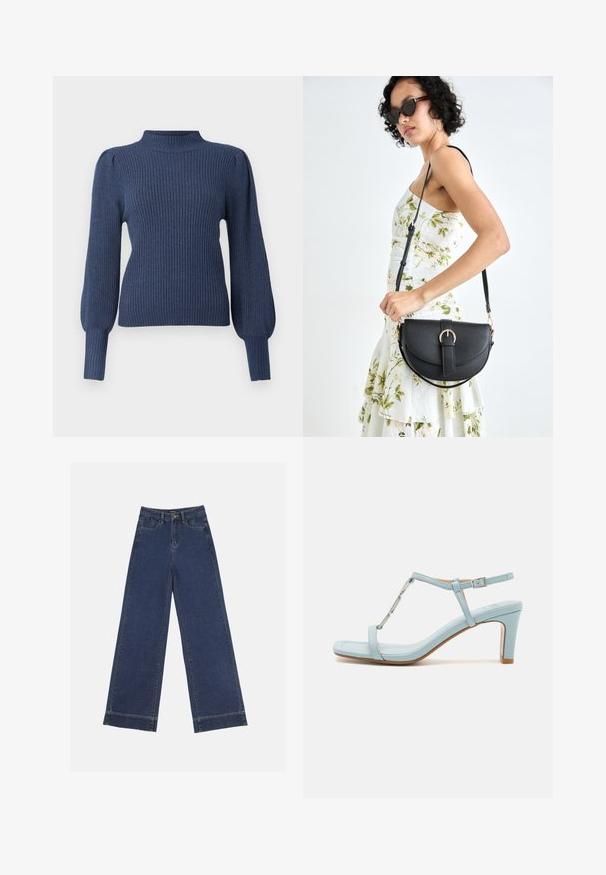 Laivastonsininen ribbineulepaita, jossa on korkea kaula-aukko, pitkät puffi-hihat ja vartalonmyötäinen malli. Valmistettu pehmeästä, tekstuurista kankaasta.; Vyötäröltä leveät farkut tummansinisestä denimmateriaalista. Varustettu viidellä taskulla, vyölenkeillä ja näkyvillä sauman yksityiskohdilla. Raaka helma alareunassa.; Vaaleansininen nilkkaremmin korkokenkä neliönmuotoisella varvastyylillä, jossa on metallinen yksityiskohta ja tyylikäs, sileä nahkatunne.; Musta nahkainen käsilaukku, joka on kaareva muotoilultaan, irrotettavalla hihnalla ja kultaisilla yksityiskohdilla. Laukussa on läppä, jossa on solk yksityiskohta.