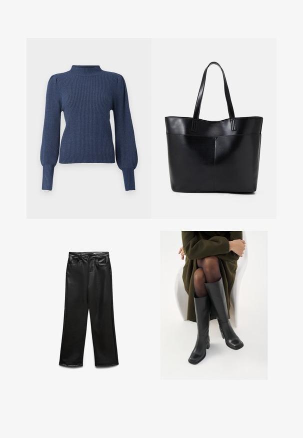 Marineblauwe geribde trui met een hoge hals, lange pofmouwen en een aansluitende pasvorm. Gemaakt van een zachte, textuurstof.; Zwarte wijde broek van imitatieleer met voorzakken, riemlussen en subtiele glans. Soepele textuur en nauwsluitende pasvorm.; Knieschijf hoge zwarte leren laarzen met een vierkante neus en blokhak, getoond met een model dat zit in een olijfgroene jas. Gladde textuur, minimale details.; Zwarte leren tote bag met twee lange handvatten, een zachte textuur en een gestructureerde vorm. Voorzien van een voorvak voor extra opslagruimte.