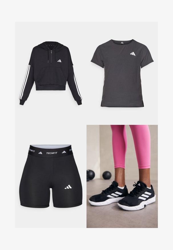 Zwarte cropped hoodie van zacht materiaal, met een voorzak, ritssluiting, en witte strepen langs de mouwen en een logo op de borst.; Korte mouwen sport t-shirt, donkergrijs met geperforeerde textuur. Bevat een wit logo en contrasterende zijstrepen. Ronde halslijn.; Zwarte shorts van rekbaar materiaal met een getailleerd ontwerp. Beschikt over een brede zwarte tailleband met het label "TECHFIT" en een wit logo op het been.; Zwarte sportschoenen met witte strepen, structuur-mesh bovenwerk en een witte zool. Draagt bij roze leggings, die trainin gskleding laten zien.