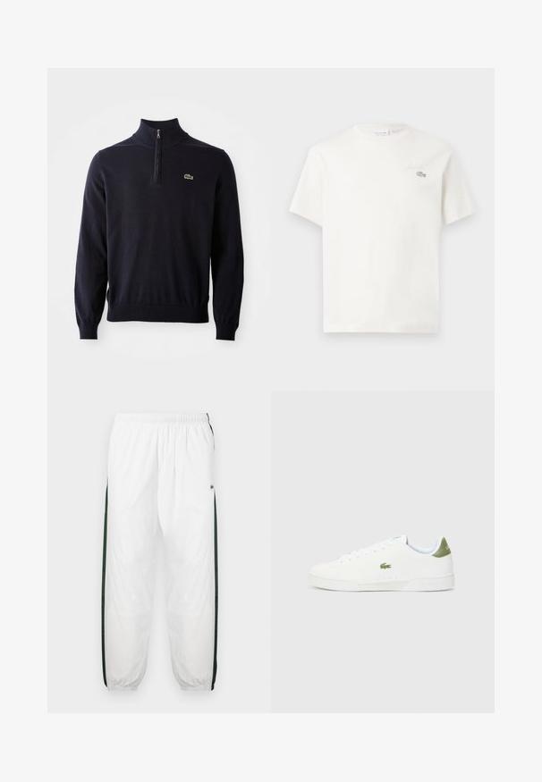 Sötétkék pulóver negyedcipzárral, bordázott mandzsettákkal és szegéllyel, puha anyagból készült, a mellrészen egy kis zöld krokodil logóval.; Fehér pamut póló rövid ujjakkal, diszkrét hímzett logóval és minimalista designnal. Puha tapintású, kerek nyakkivágású.; Fehér sportnadrág sötétzöld oldalpanelekkel. Könnyű anyagból készült, rugalmas derékkal és gumis szegéllyel. Az oldalpaneleken hálós textúra található.; Fehér sportcipő sima textúrával, zöld akcentussal a sarkán, és egy kis hímzett krokodil logóval az oldalán.