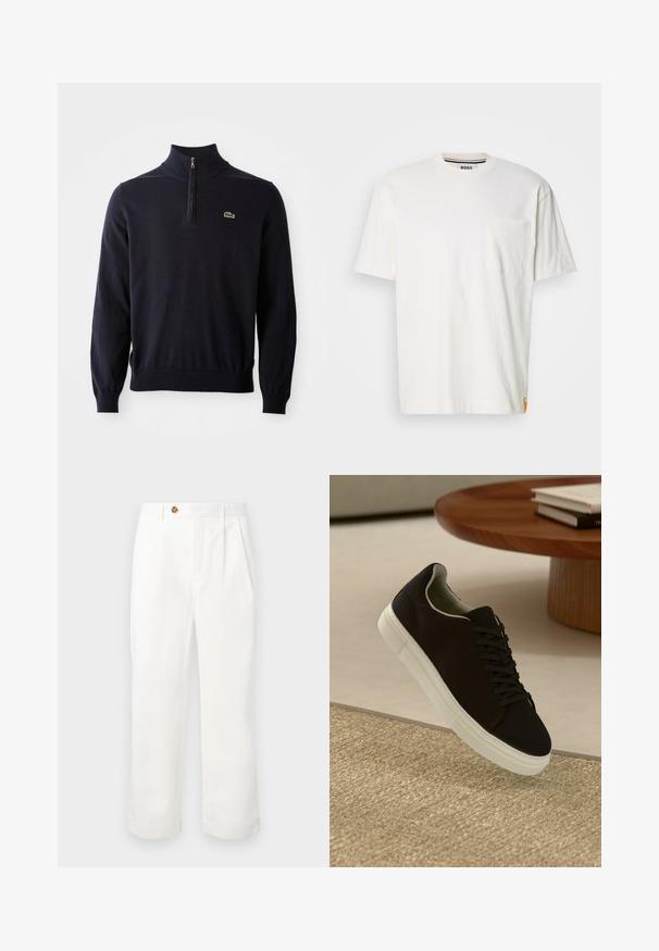 Sötétkék pulóver negyedcipzárral, bordázott mandzsettákkal és szegéllyel, puha anyagból készült, a mellrészen egy kis zöld krokodil logóval.; Fehér pamut póló kerek nyakkal, rövid ujjakkal és bal oldali mellzsebbel. Oldalvarrásán található egy kis logós cimke.; Fehér pamut nadrág, egyenes szabással, két elülső plissével, egy gombos záródással és oldalsó zsebekkel. Sima textúra.; Fekete sneakers fehér talppal lebeg egy bézs textúrájú szőnyeg felett, egy kerek fából készült asztal közelében, rajta egymásra pakolt könyvekkel.