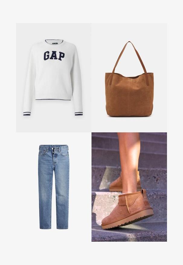 Sweater branco de malha com decote redondo, apresentando "GAP" em azul escuro atravessando o peito e detalhes em riscas azul-marinho nas mangas e na bainha.; Jeans de denim azul claro com corte reto, design de cinco bolsos e fecho de botão. Apresenta um desbotado subtil e detalhes de costura laranja.; Botas de tornozelo em camurça clara com uma textura suave, detalhes costurados e sola em borracha, apresentando um salto com alça para facilitar o calçar.; Saco tote em camurça castanha com duas alças longas, apresentando uma textura suave, design simples e sem hardware ou detalhes visíveis.