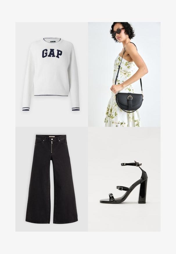Weißer Strickpullover mit Rundhalsausschnitt, der "GAP" in dunkelblau über die Brust zeigt und marineblau gestreifte Akzente an den Bündchen und am Saum hat.; Schwarze Denim-Jeans mit weitem Bein, Reißverschluss vorne, Fünf-Taschen-Design und dezenten Stickdetails. Glatte Textur und lässiger Stil.; Schwarze Lackleder-Sandalen mit hohen Absätzen, zwei Riemen mit Schnallen, quadratischer Zehenpartie und klobigem Blockabsatz, mit einer glatten, glänzenden Textur.; Schwarze Lederhandtasche mit geschwungener Form, abnehmbarem Tragegurt und goldenen Beschlägen. Die Tasche verfügt über einen Deckel mit einer Schnallen-Details.