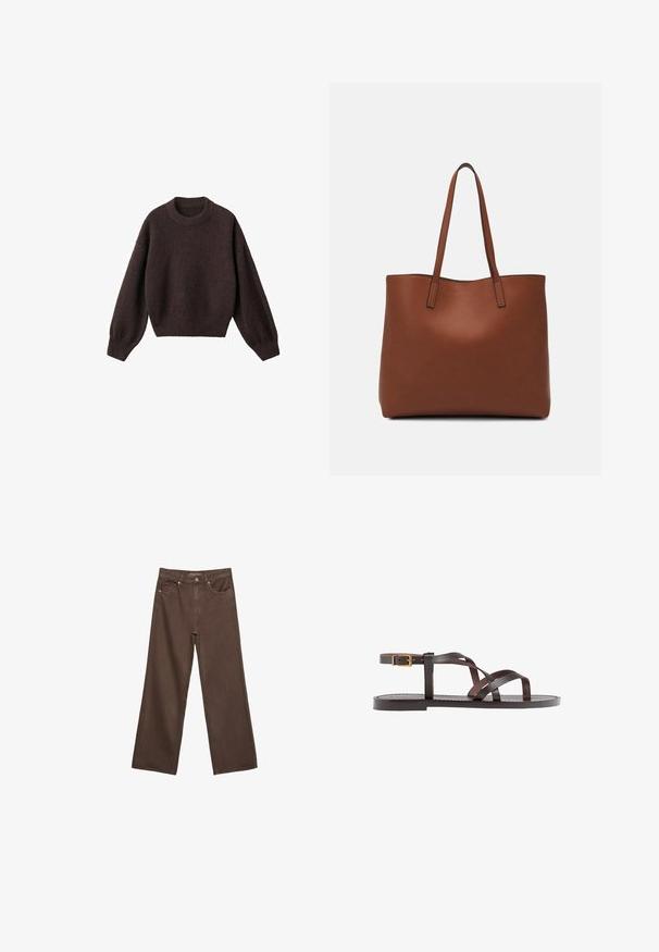 Ruskea neulepaita, jossa on pyöreä pääntie, rosoiset olkapäät ja ribbireunat. Pehmeä rakenne, lyhyt malli ja löysä istuvuus.; Leviittävät ruskeat farkut, jotka on valmistettu denimistä, korkea vyötärö, etutaskut ja klassinen nappikiinnitys. Silkkinen pinta hienovaraisella ompelutyöllä.; Ruske kožne sandale s križnim trakama, zatvaranjem na kopču oko gležnja i ravnim potplatom s minimalnim detaljima šivanja.; Ruskea nahkainen olkalaukku, jossa on sileä pinta, avoin yläosa ja kaksi olkahihnaa. Omaavat vain minimaalisen ompelun eikä näkyvää metalliosaa.