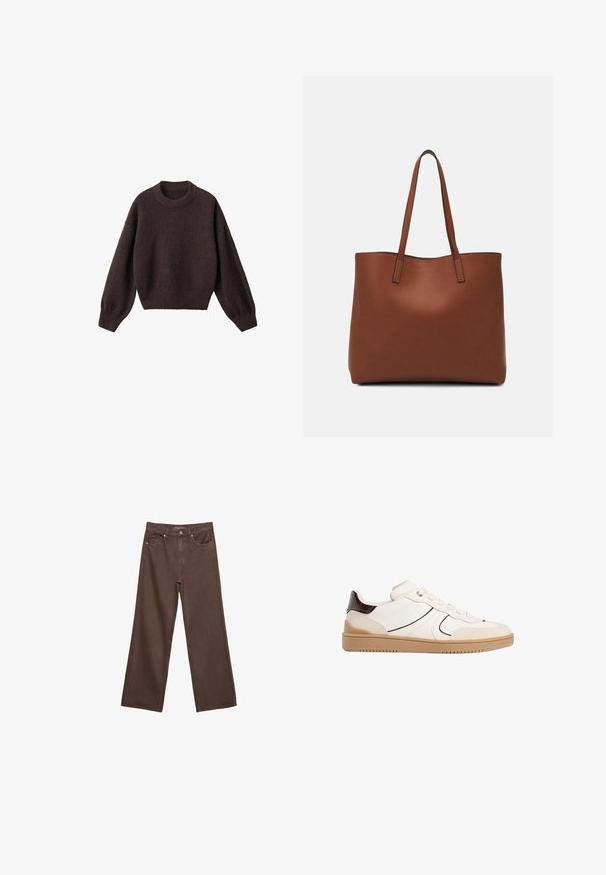 Smeđi pleteni pulover s okruglim izrezom, spuštenim ramenima i rebrastim rukavima. Mekana tekstura, skraćeni dizajn i slobodan kroj.; Proširene smeđe traperice od denima, s visokim strukom, prednjim džepovima i klasičnom kopčom na dugme. Glatka tekstura s suptilnim šavovima.; Stradivarius Tenisice - white; Smeđa kožna torba preko ramena s glatkom teksturom, otvorenim vrhom i dvjema naramenicama. Ima minimalne šavove i nema vidljivog hardvera.