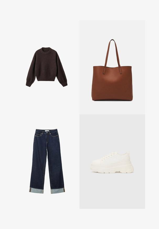 Maglione a maglia marrone con scollo rotondo, spalle scese e polsini a costine. Texture morbida, design corto e vestibilità ampia.; Jeans ampi di colore blu scuro con vita alta, dotati di risvolti, cuciture a contrasto e design a cinque tasche. Realizzati in tessuto denim.; Sneaker bianca in tela con suola spessa, punta arrotondata e cinque occhielli per i lacci. Linguetta sul retro per una facile calzata. Texture liscia, design minimalista.; Borsa tote in pelle marrone con texture liscia, design con apertura superiore e due spallacci. Presenta cuciture minime e nessun hardware visibile.