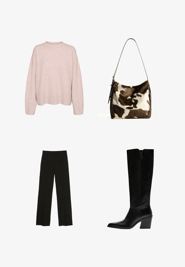 Pulover tricotat cu mânecă lungă, de culoare roz deschis, cu manșete și tiv cu nervuri și guler rotund, expus pe un fundal alb.; Pantaloni largi negri, confecționați dintr-un material fin, cu un talie ajustată și pliuri frontale subtile pentru un plus de textură.; Cizme negre până la genunchi, fabricate din piele netedă, cu vârf ascuțit, toc pătrat și o decupare în formă de V în partea de sus.; Geantă de umăr din piele de vacă maro și crem, cu o bandă din piele netedă, închidere cu fermoar și o suprafață moale, texturată, cu un model natural.