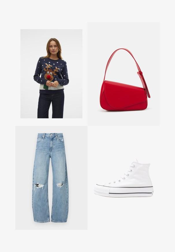 Pulover bleumarin cu un design de ren, având un nas roșu, eșarfă verde și fulgi de zăpadă albi. Țesătură moale, tricotată, cu manșete și tiv cu nervuri.; Jeans de denim, de un bleu deschis, cu talie înaltă. Au picioare late, două zone rupte la genunchi și un stil clasic cu cinci buzunare.; Adidași albi tip pantofi sport cu glezna din pânză, cu talpă din cauciuc negru, capac de vârf din cauciuc frontal și șase ochiuri pentru șireturi, având un design curat și minimalist.; Geantă de mână din piele roșie, cu un design unghiular și geometric. Dispune de o singură curea ajustabilă și un sistem de închidere cu clapetă, cu detalii cusute.