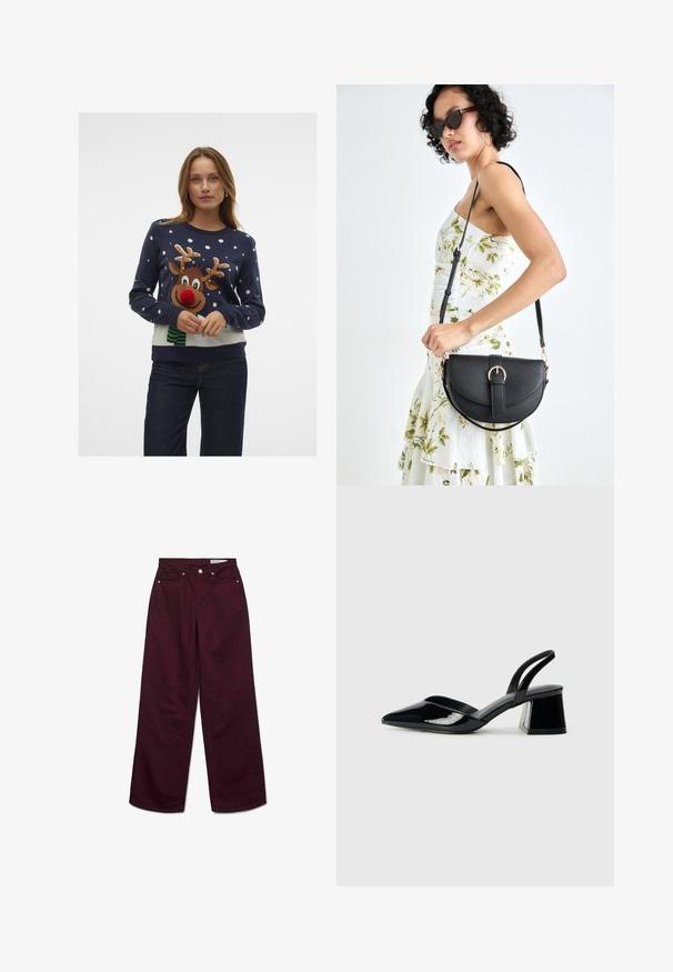 Granatowy sweter z motywem renifera z czerwoną noskiem, zielonym szalikiem i białymi płatkami śniegu. Miękka dzianina z prążkowanymi mankietami i dołem.; Burgundowe dżinsy o szerokich nogawkach wykonane z bawełny, z wysokim stanem, pięcioma kieszeniami i metalowymi elementami. Gładka tekstura w jednolitym kolorze.; Czarne lakierowane półbuty na obcasie z wydłużonym noskiem i geometrycznym słupkiem. Charakteryzują się eleganckim, minimalistycznym designem oraz gładką fakturą.; Czarna skórzana torebka o zakrzywionym kształcie, z odpinanym paskiem i złotymi akcentami. Torebka posiada klapę z zapięciem w kształcie klamry.