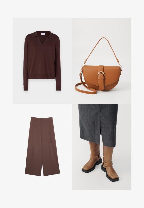 VILA VIAMANDA - Maglione - coffee bean; Pantaloni ampi marroni con una texture liscia, caratterizzati da una vita alta e pieghe frontali. Il tessuto è leggero e scorre liberamente.; Stivali alti fino al ginocchio in pelle marrone con punta quadrata, suola in gomma nera e dettaglio con cinturino regolabile. Indossati con una gonna grigia a righe.; Borsa a tracolla in pelle marrone con forma curvata, hardware dorato e un dettaglio con fibbia. Presenta una tracolla rimovibile.