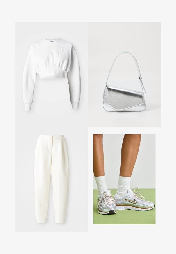 Kort sweatshirt in lichtgrijze stof met lange mouwen, geribde onderrand en een klein logo-opdruk op de borst. Soepele textuur, casual ontwerp.; Hoog-waisted witte tapered broek met een verborgen sluiting aan de voorkant en zijzakken, weergegeven tegen een effen witte achtergrond.; Zilveren sportschoenen met witte en gouden accenten, voorzien van een mesh bovenkant, rubberen zool en een reflecterende afwerking. Sokken zichtbaar boven de enkel.; Zilveren metalen handtas met een driehoekige vorm, gladde textuur en een dunne, verstelbare schouderriem. Kenmerkt zich door een omklapbaar ontwerp met stiksels.