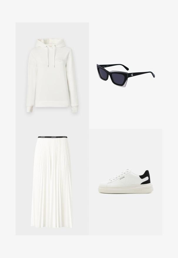 Biely mikina s kapucňou, dlhými rukávmi a prednou vreckom. Obsahuje vyrazené logo na hrudi a nastaviteľné šnúrky. Mäkkučká textúra.; Plisovaná biela sukňa s čiernym elastickým pásom s logom "LACOSTE". Sukňa je stredne dlhá a má mäkkú textúru.; Biele kožené tenisky s hrubou bielou podrážkou, čiernym zamekom na päte a vyrazeným logom na boku. Šnurovací dizajn so šiestimi očkami.; Čierne oversized slnečné okuliare s geometrickým tvarom, s tmavými šošovkami a kontrastným šedým detailom na ráme. Logo na mostíku.