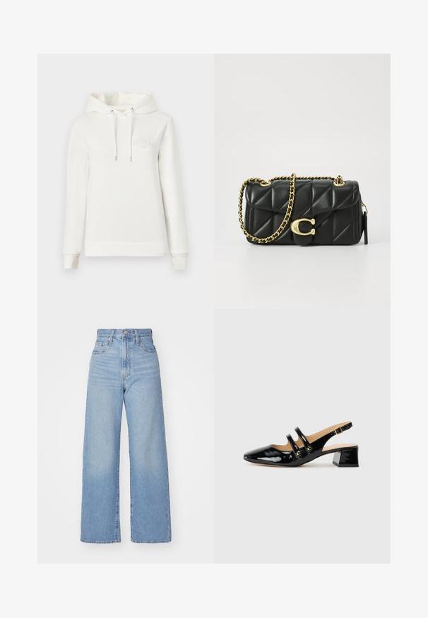 Valkoinen huppari, jossa on huppu, pitkät hihat ja etutasku. Sisältää kohokuvioidun logon rinnassa ja säädettävät nyörit. Pehmeä kangas.; Vaalean siniset korkeavyötäröiset löysät farkut, joissa on etuvetoketju ja nappikiinnitys, sekä edessä että takana taskut, valkoista taustaa vasten.; Musta lakattu slingback-kengät teräväkärkisellä muotoilulla, kahdella hihnalla, kultaisilla pyöreillä yksityiskohdilla ja matalalla paksupohjalla.; Musta tikattu nahkakäsilaukku, jossa on kultaketju ja toggle-lukko, jossa on pyöreä aksentti. Kompakti suorakulmainen muoto.