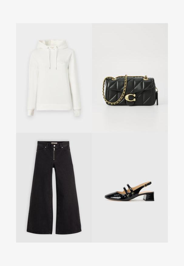 Haut à capuche blanc avec capuche, manches longues et poche avant. Présente un logo en relief sur la poitrine et des cordons de serrage ajustables. Texture douce.; Jean large en denim noir avec une fermeture éclair à l'avant, un design à cinq poches et des détails de couture subtils. Texture lisse et style décontracté.; Chaussure slingback en cuir verni noir avec bout pointu, détail de deux brides, accents circulaires dorés et un petit talon carré.; Sac à main en cuir matelassé noir avec une bandoulière en chaîne dorée et un fermoir à bascule avec un accent circulaire. Forme rectangulaire compacte.