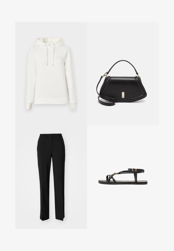 Hvid hættebluse med hætte, lange ærmer og en lomme foran. Har et præget logo på brystet og justerbare snore. Blød tekstur.; Sorte skræddersyede bukser med lige ben-design, der har en glat tekstur og skarpe folder langs fronten. Ingen synlige hardware.; Sorte lædersandaler med tynde stropper og en spændet ankelrem. Flad sål med en tekstureret overflade og zigzag kant. Minimalistisk design.; Sort læderhåndtaske med en struktureret design, der har en kortet form, tophåndtag og guld hardware-accenter. Justerbar skulderrem inkluderet.