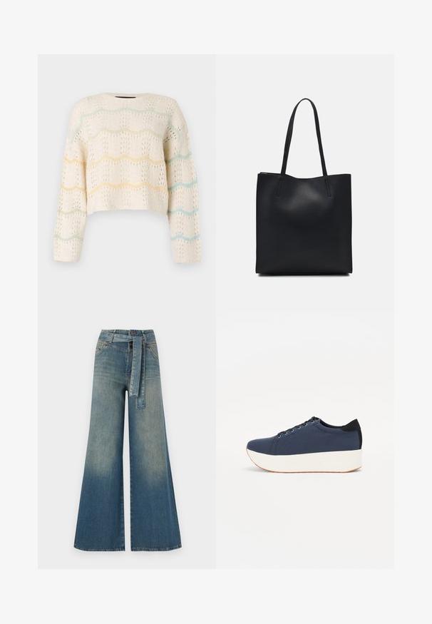 Horgolt fehér pulóver, rövidített fazonnal, sárga, zöld és kék hullámos pasztell csíkokkal. Nyitott kötésű textúra. Hosszú ujjú.; Bőszárú farmernadrág, világos és sötétkék árnyalatokkal, magas derekú, övgyűrűkkel és a nadrággal megegyező anyagú övvel. Textúrált farmer kivitel.; Sötétkék sportcipő, texturált szövet felsőrész, fehér platform talp, lekerekített orr és fekete sarok akcentussal. Hat fűzőlyuk található rajta.; Fekete bőrtáska sima felszínnel, téglalap alakú, két hosszú füllel. Nincs látható fémkiegészítő vagy díszítés.