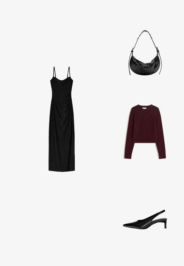 Pulover scurt de culoare burgundy, realizat dintr-o țesătură moale, având mâneci lungi, o guler ribat și detalii ribate la tiv. Design simplu, uniform.; Rochie midi neagră cu bretele subțiri ajustabile, având un design drapat și o textură netedă. Fără modele vizibile sau aplicații.; Pantofi slingback din piele neagră cu vârf ascuțit, toc jos și design cu decupaj pe laterale. Textură netedă, cu un aspect elegant.; Geantă de umăr din piele neagră, cu o formă semicirculară, textură netedă și curea ajustabilă, având accente hardware subtile. Se observă închizătoarea cu fermoar.