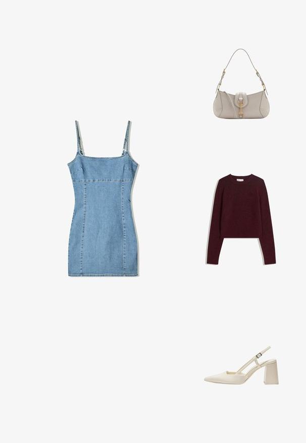 Burgundska skrajšana pulover iz mehkega blaga, z dolgimi rokavi, rebrastim izrezom in rebrastim detajlom na robu. Preprost, enostaven dizajn.; Denim obleka v svetlo modri barvi, s tankimi naramnicami, strukturiranim korzetom ter oprijetim silhuetom s šivi in ravnim ovratnikom.; Bež slingback čevlji s koničastim nosom, sijočo patentirano obdelavo, srednjim blokastim petam in nastavljivim trakom. Minimalistična zasnova z odprtimi stranmi.; Svetlo siva usnjena torbica s ukrivljeno obliko, zlato kovinsko dodatki, sprednji sponka in šivani detajli. Vključena nastavljiva naramnica.