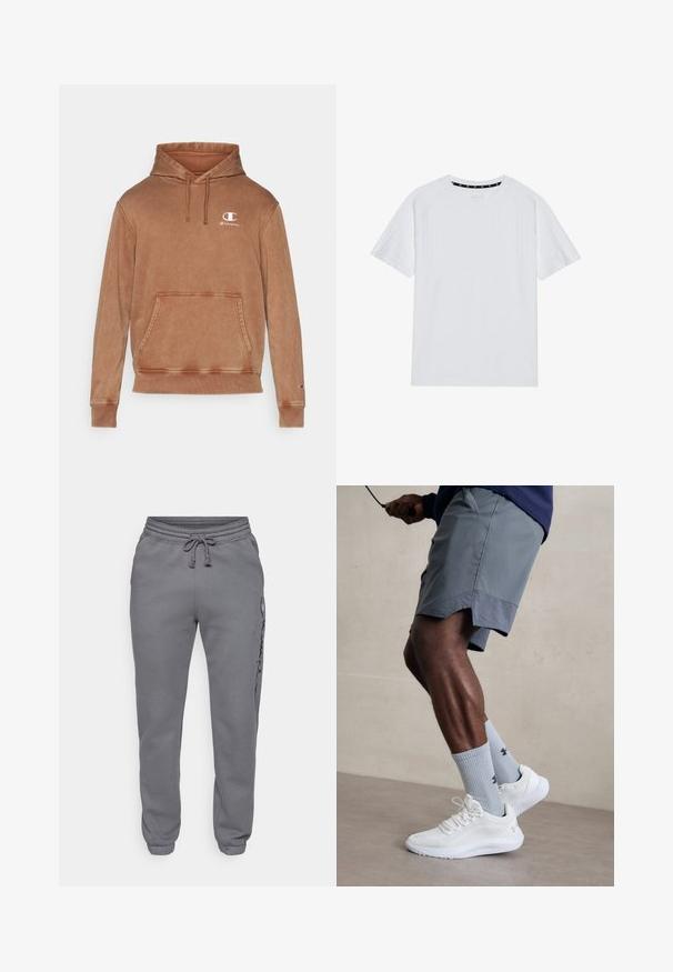 Hanorac maro dintr-un material moale, având un buzunar tip cangur, glugă ajustabilă cu șnur și un mic logo alb pe piept.; Tricou alb cu mânecă scurtă, cu textură canelată și guler rotund. Prezintă o etichetă neagră în interiorul gulerului, cu un design simplu, fără modele.; Champion ICONS TONAL CUFF LARGE LOGO - Pantaloni de trening - foggy; Încălțăminte sport albă cu partea superioară din plasă texturată, asociată cu șosete ribbate de culoare bleu deschis care au un logo. Şorturi sportive gri cu margine perforată.