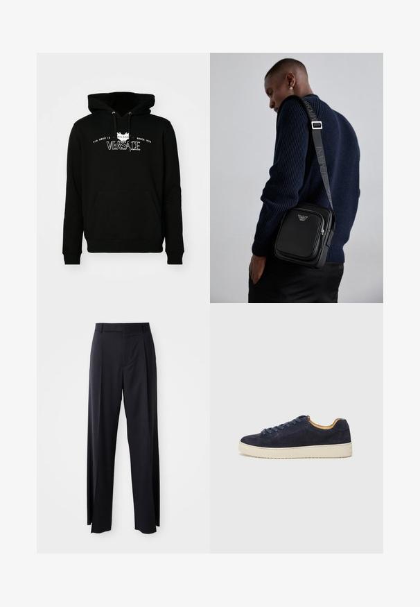 Svart bomullshuva med framficka, justerbara snören och vittryckt logotekst med plats- och årtal.; Svarta, högmidjade byxor med vida ben, gjorda av mjukt tyg. Har framtill veck och bälteshällor. Minimalistisk design, ingen synlig hårdvara.; Marinblå mocka låg sko med rund tå, off-white gummisula och matchande snören; har en kontrasterande tanfärgad innersula.; Svart läder crossbody-väska med ett zippered fack, logodetalj och en justerbar axelrem med märke. Bärs mot en strukturerad marinblå tröja.
