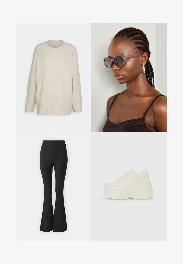 Maglione color crema in morbido tessuto a maglia, con orlo e polsini a costine, scollatura rotonda e una vestibilità ampia e rilassata.; Pantaloni neri a campana realizzati in tessuto elastico. Presentano una vita alta e un design liscio e aderente che si allarga dal ginocchio in giù.; Sneakers bianchi con piattaforma, caratterizzati da una parte superiore simile alla pelle liscia, forma arrotondata, collo imbottito e suola in gomma testurizzata con scanalature ben definite.; Occhiali da sole grigi oversize con forma arrotondata e lenti scure. Montatura in plastica liscia e dal design elegante. Il modello ha i capelli intrecciati.