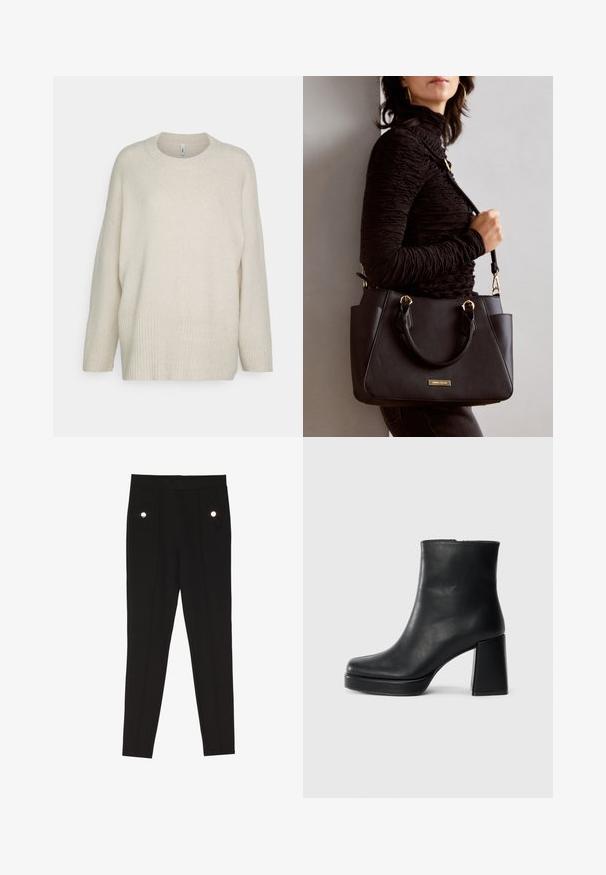 Kremfarget genser i myk strikket stoff, med ribbestrikket nederkant og mansjetter, rund hals og en løs, avslappet passform.; Sorte skreddersydde bukser med en glatt tekstur, som har to frontlommer med dekorative maskinvaredetaljer, og en slim-fit design.; Sorte skinnankelsko med blokkhæl og plattformsåle, sett fra siden på en enkel hvit bakgrunn.; Svart håndveske med teksturert overflate, doble topphåndtak og justerbar skulderrem. Har detaljer i gulltone og sidelommer.