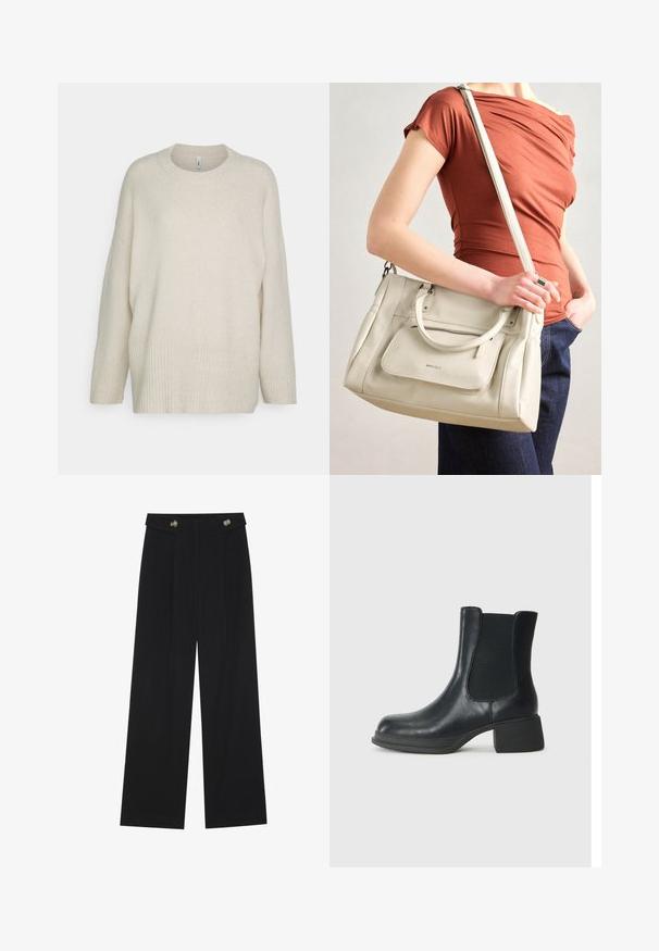 Kremfarget genser i myk strikket stoff, med ribbestrikket nederkant og mansjetter, rund hals og en løs, avslappet passform.; Svart vide bukser med høy midje, knappdetaljer på midjebåndet og frontplisser.; Sorte skinn ankle boots med elastiske sidepaneler, rund tå og en lav blokk hæl. Overflaten har en jevn tekstur og minimal detaljering.; Hvit skinnveske med doble håndtak og avtagbar stroppe, med en frontlomme med glidelås og glatt tekstur. Bært på en persons arm.