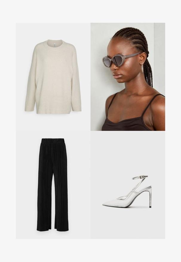 Cream-colored sweater in soft knit fabric, featuring a ribbed hem and cuffs, round neckline, and a loose, relaxed fit.; Black pleated trousers with an elastic waistband. Features wide legs and a smooth, textured fabric with vertical stripes.; Clear stiletto heel shoe with a pointed toe, transparent material, metallic silver accents, and adjustable ankle strap.; Gray oversized sunglasses with a rounded shape and dark lenses. Sleek plastic frame with a smooth finish. Model has braided hair.