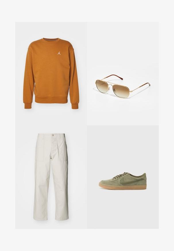Jordan CREW - Sudadera - desert bronze/white; Pantalones de pierna ancha color beige claro, hechos de algodón. Cuentan con bolsillos frontales y cierre de botón. Textura suave con sutiles líneas verticales.; Zapatillas de ante verdes con suela de goma, punta redonda y diseño de cordones. Presenta el logo característico de Nike en un verde más oscuro.; Gafas de sol aviador doradas con lentes marrones degradados, montura de metal y puntas de varilla de plástico marrón. Textura suave, detalle de hardware mínimo.