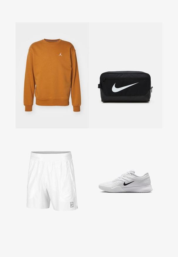 Jordan CREW - Felpa - desert bronze/white; Pantaloni sportivi bianchi realizzati in tessuto leggero con vita elastica, dotati di due tasche laterali e un piccolo logo nero sull'orlo.; Scarpa da ginnastica bianca con tomaia in mesh testurizzato, logo Nike nero, collo imbottito e suola in gomma con un motivo di battistrada.; Borsa da toeletta nera Nike con texture liscia, caratterizzata dal logo swoosh bianco, chiusura con zip superiore e tasca laterale.