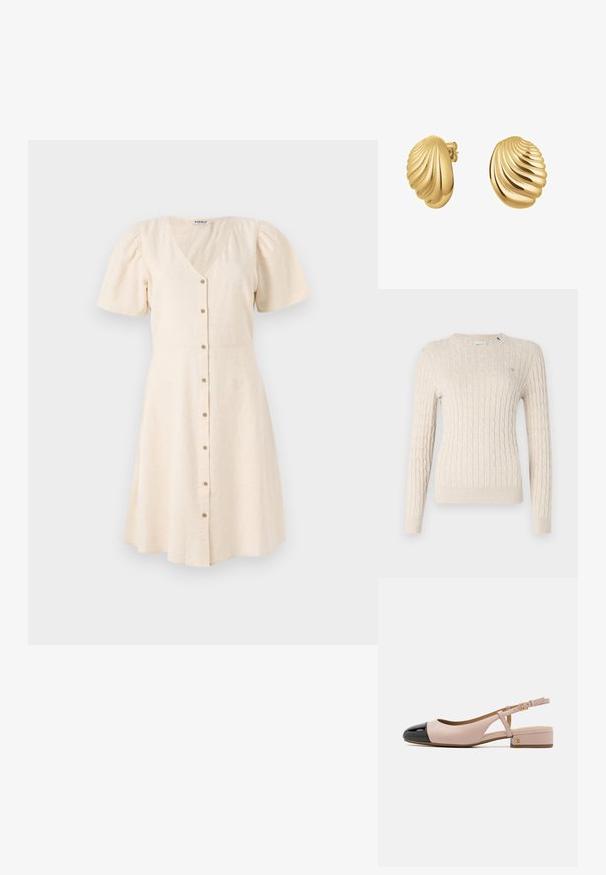 Beige Kabelstrickpullover mit rundem Halsausschnitt, langen Ärmeln und gerippten Bündchen. Verfügt über ein kleines Logodetail auf der Brust.; Helles beige Kleid mit V-Ausschnitt, kurzen Puffärmeln und einem schwingenden Rock. Verfügt über Knöpfe auf der Vorderseite und einen weichen, strukturierten Stoff.; Slingback-Schuh mit einem Obermaterial aus Blush-Leder und glänzender schwarzer Kappe. Verfügt über einen kleinen Blockabsatz und einen verstellbaren Knöchelriemen.; DRAGON DIFFUSION SANTA CROCE BIG - Handtasche - bordo; Ohrringe in Muschelform in Gold-Optik mit gerippter Textur und polierter Oberfläche. Stift-Stil mit sicherem Postverschluss.