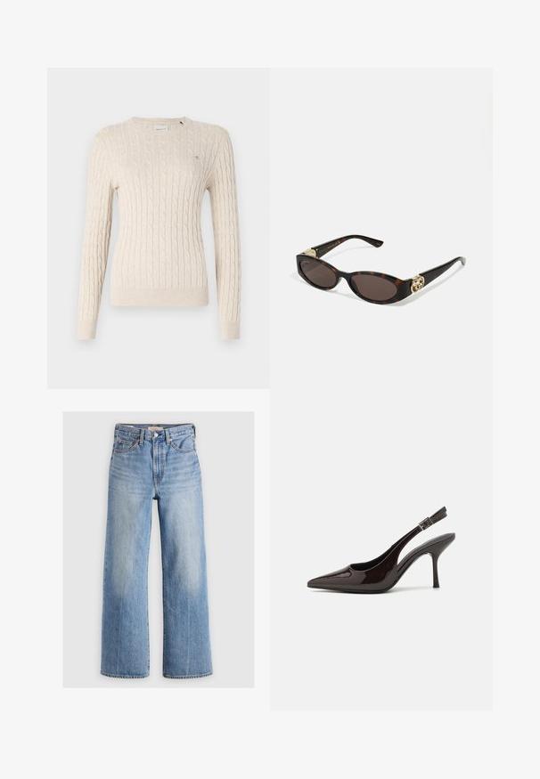 Pull en maille torsadée beige avec un col rond, des manches longues et des bords côtes. Présente un petit logo sur la poitrine.; Jeans larges en denim bleu clair avec une taille haute, zones décolorées, cinq poches et coutures contrastées. Fermeture classique à bouton et à glissière.; Soulier à talons hauts type slingback en cuir verni marron foncé brillant, à bout pointu, côtés ouverts et bride de cheville réglable.; Lunettes de soleil en écaille, avec des verres ovales allongés, teinte marron, accents de logo doré sur les branches et montures noires élégantes.