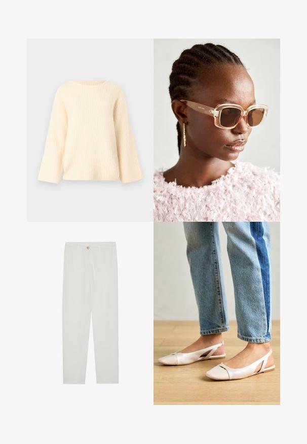 Kremfarget ribbestrikket genser med rund hals og lange, noe utsvingte ermer. Myk tekstur og avslappet passform.; Hvite, skreddersydde bukser med rette ben, med knapplukking, beltehemper og sidelommer; glatt tekstur.; Lys rosa slingback leiligheter med spiss tå, laget av et glatt, læraktig materiale. Har utskjæringer på sidene og lav hæl.; Beige oversized solbriller med klar ramme og brune tonede linser, med subtile blomsterdetaljer og dristig, geometrisk design.