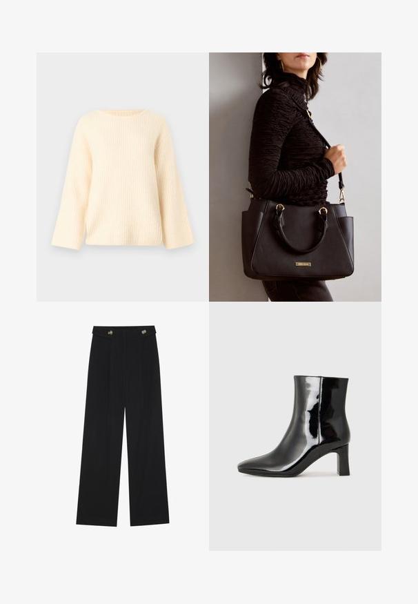 Cream-colored ribbed sweater with a rounded neckline and long, slightly flared sleeves. Soft texture and relaxed fit.; Black wide-leg trousers with high waist, button details on waistband, and front pleats.; Black patent leather ankle boot with a pointed toe and a mid-height block heel. Smooth texture and minimalist design.; Black handbag with textured surface, dual top handles, and adjustable shoulder strap. Features gold-tone hardware and side pockets.
